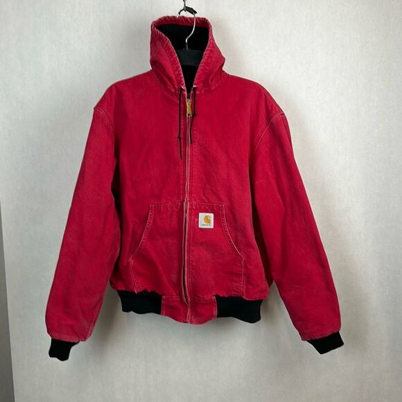 Carhartt Other - Vtg Carhartt Coat Jacket Drawstring Hood Red 90s Mesh Lined Work Barn *Sz L READ